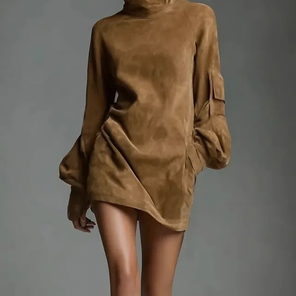 Suede-Look Long Sleeve Mini Dress in Camel